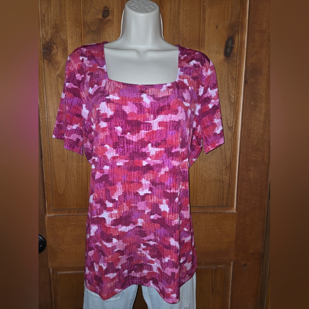 Susan Graver Pink Multi-Tone Square Neck Short Sleeve Top